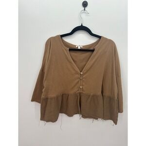 Ice Bird Camel Gauze Peplum Top Boho‎ Oversized Raw Hem Cottagecore Sz M